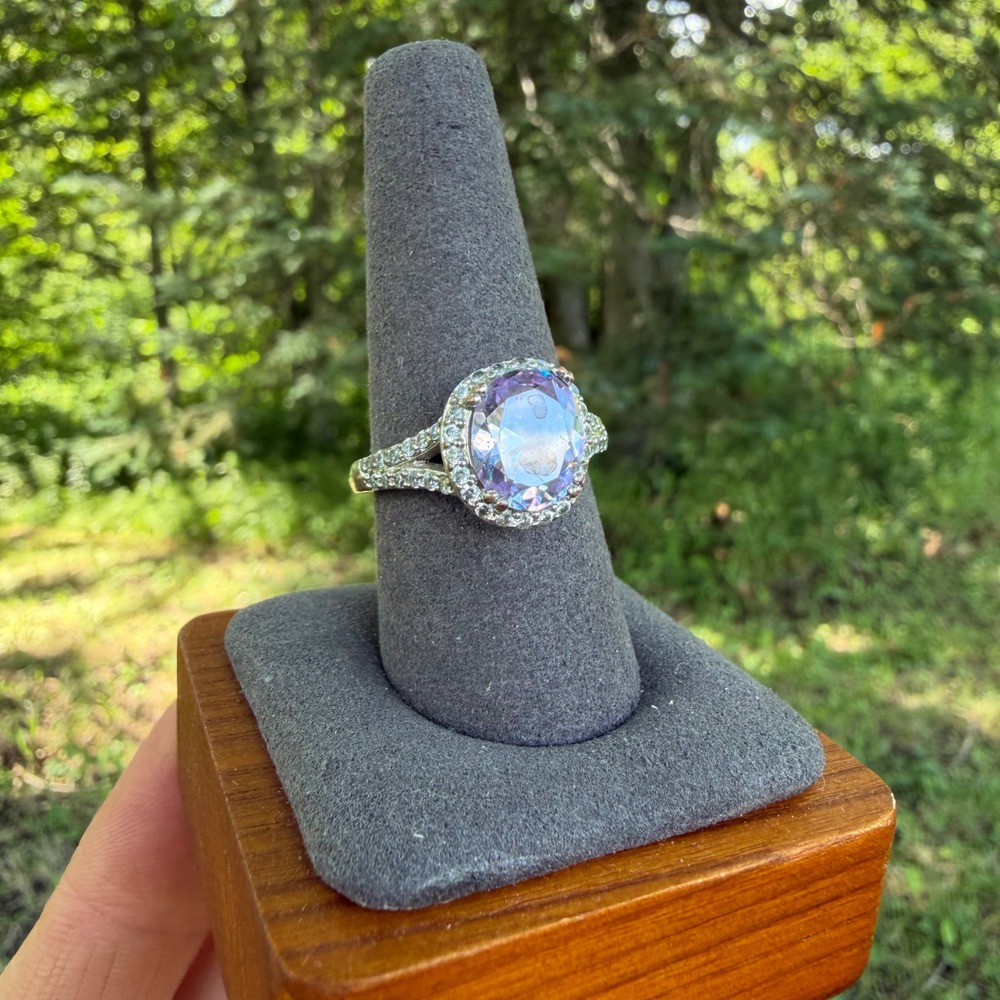 Oval Halo Statement Ring  9.5 Purple Silver Tone Split Shank Faux Amethyst